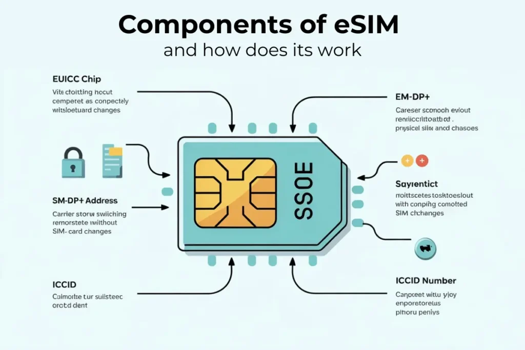 Infographic explaining how eSIM works, featuring the eUICC chip, SM-DP+ address, and ICCID number components. It visually demonstrates eSIM technology, highlighting its ability to allow carrier switching remotely without the need for a physical SIM card. The image includes icons for each component, such as a chip for eUICC, a lock for SM-DP+, and a number for ICCID, with clear, concise labels for easy understanding of eSIM functionality.