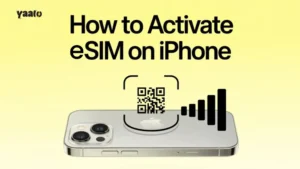 There is a text in bold font "How to Activate eSIM on Iphone" and a picture of iphone with qr code and wifi signals and a button with a text "How to Activate eSIM on Ipone"
