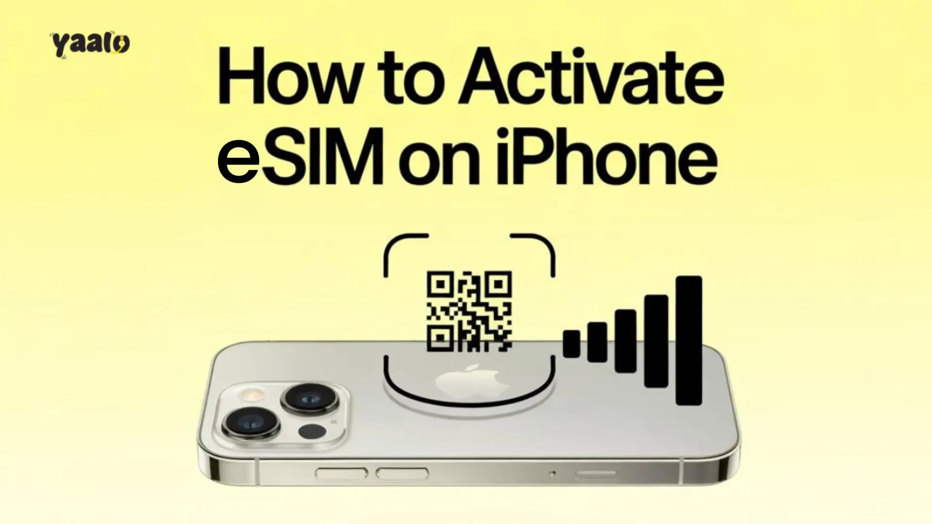 There is a text in bold font "How to Activate eSIM on Iphone" and a picture of iphone with qr code and wifi signals and a button with a text "How to Activate eSIM on Ipone"