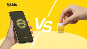 an image of iPhone and on iphone eSIM is showing and then a line wih text vs and right hand side a physical SIM in one hand, and mainly the whole image is showing the eSIM vs Physical SIM Key Differences & Which to Choose