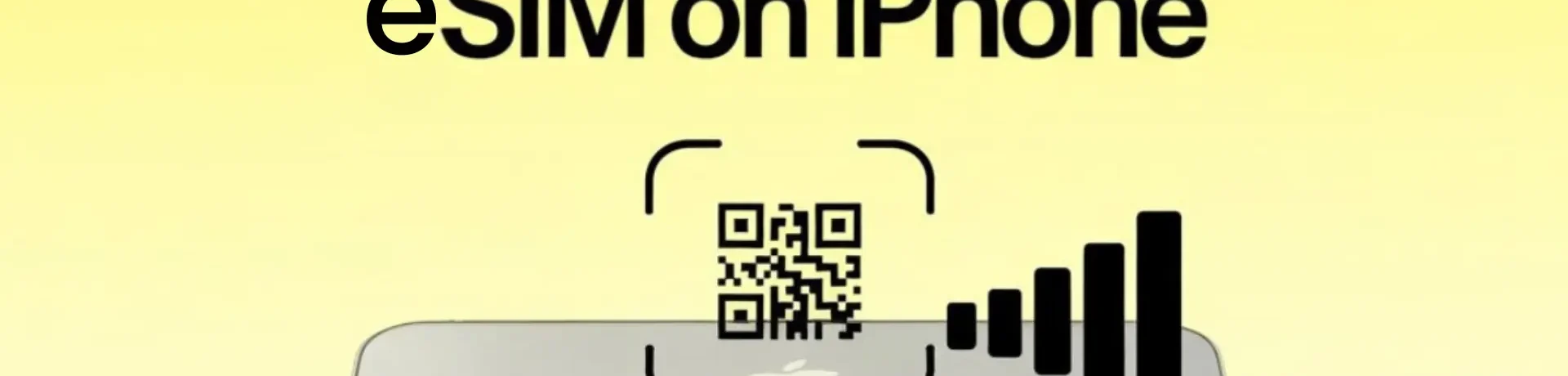 There is a text in bold font "How to Activate eSIM on Iphone" and a picture of iphone with qr code and wifi signals and a button with a text "How to Activate eSIM on Ipone"